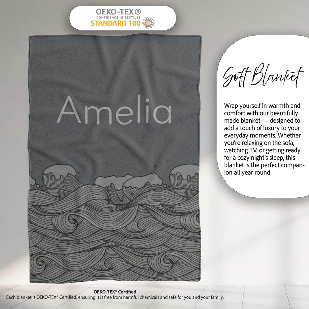 Minimal Ocean Wave Line Art On Grey Background Seamless Pattern Personalised Custom Name Super Soft Fleece Blanket Bed Sofa Throw