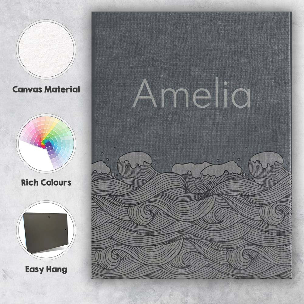 Personalised Name Minimal Ocean Wave Line Custom Unique Gift Idea Elegant Feature Canvas Wall Art Print Decor Picture Ready to Hang