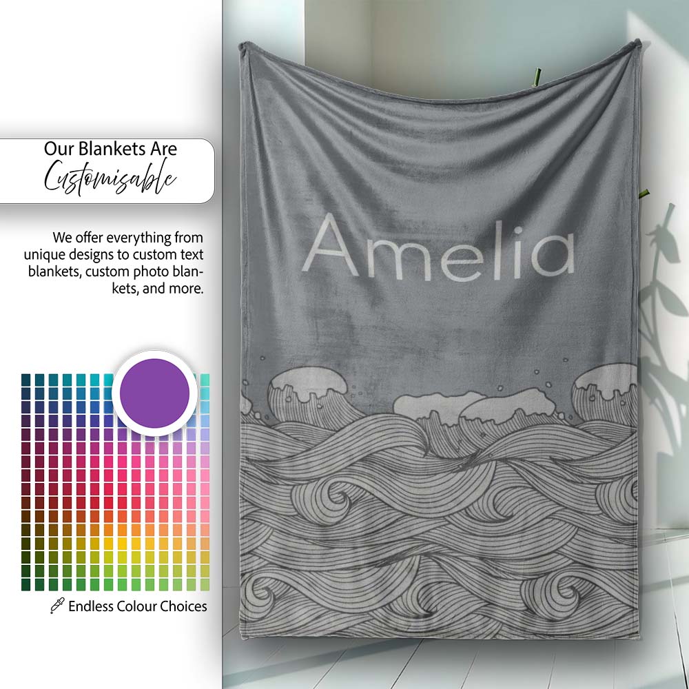Minimal Ocean Wave Line Art On Grey Background Seamless Pattern Personalised Custom Name Super Soft Fleece Blanket Bed Sofa Throw