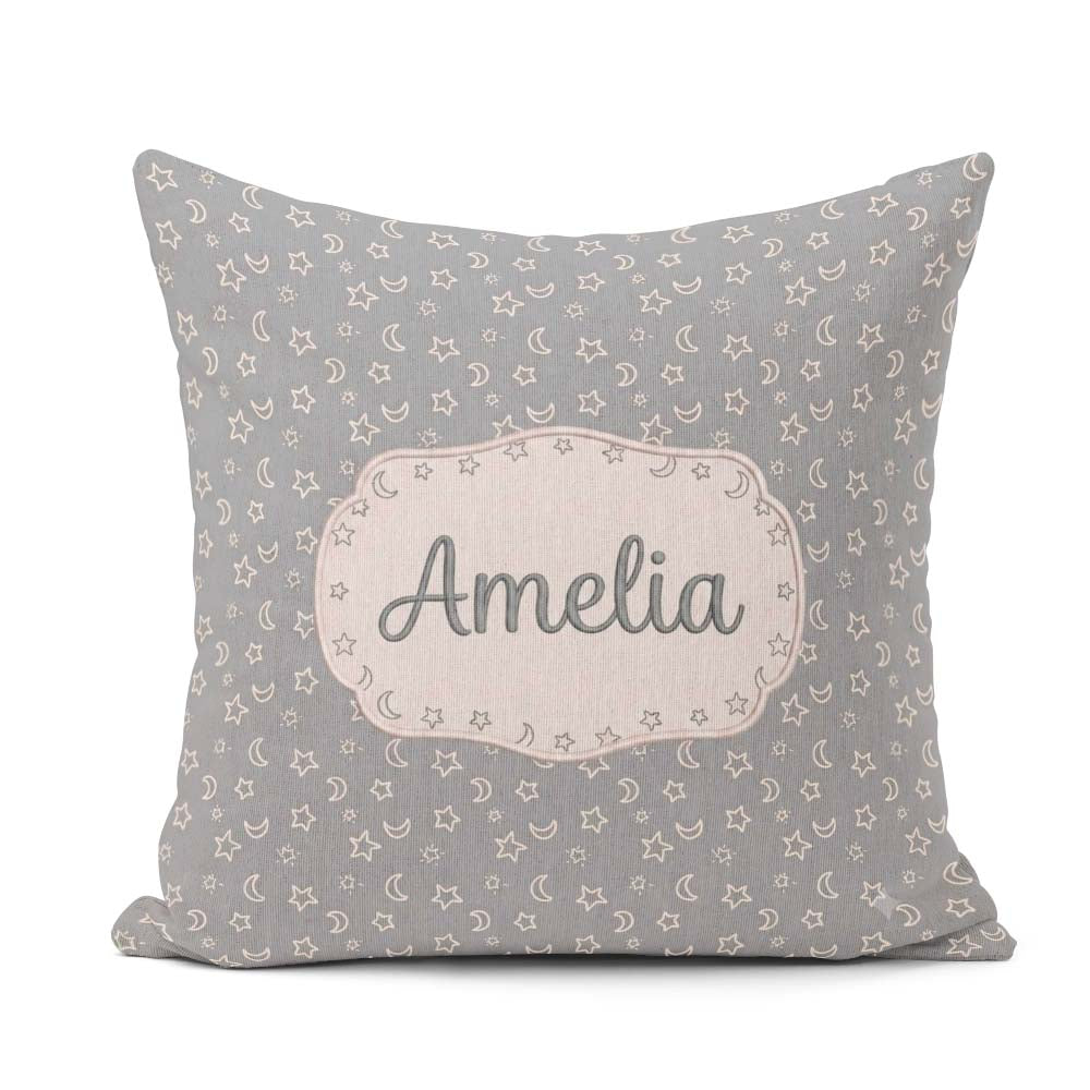 Custom Name Soft Grey Stars And Crescent Moon Seamless Name Cute Square Filled Cushion Throw Pillow Sofa Bed Home Decor Zip Washable UK Made