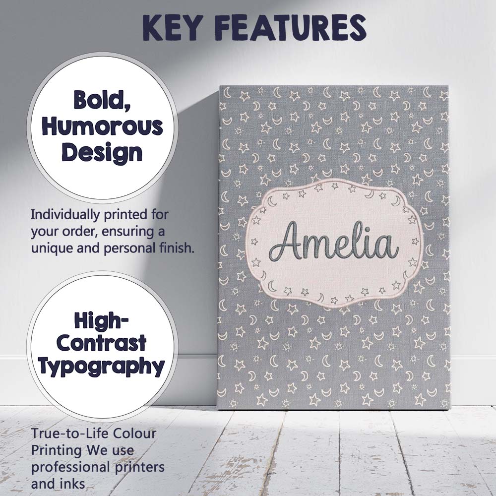 Personalised Name Soft Grey Stars And Custom Modern Room Accent Creative Decorator Style Canvas Wall Art Print Decor Picture Ready to Hang