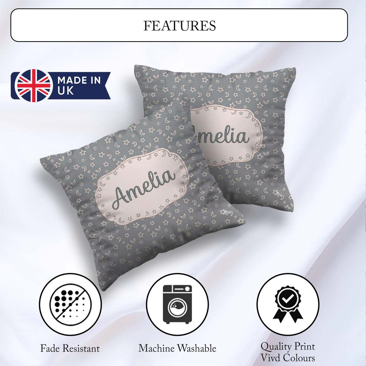 Custom Name Soft Grey Stars And Crescent Moon Seamless Name Cute Square Filled Cushion Throw Pillow Sofa Bed Home Decor Zip Washable UK Made