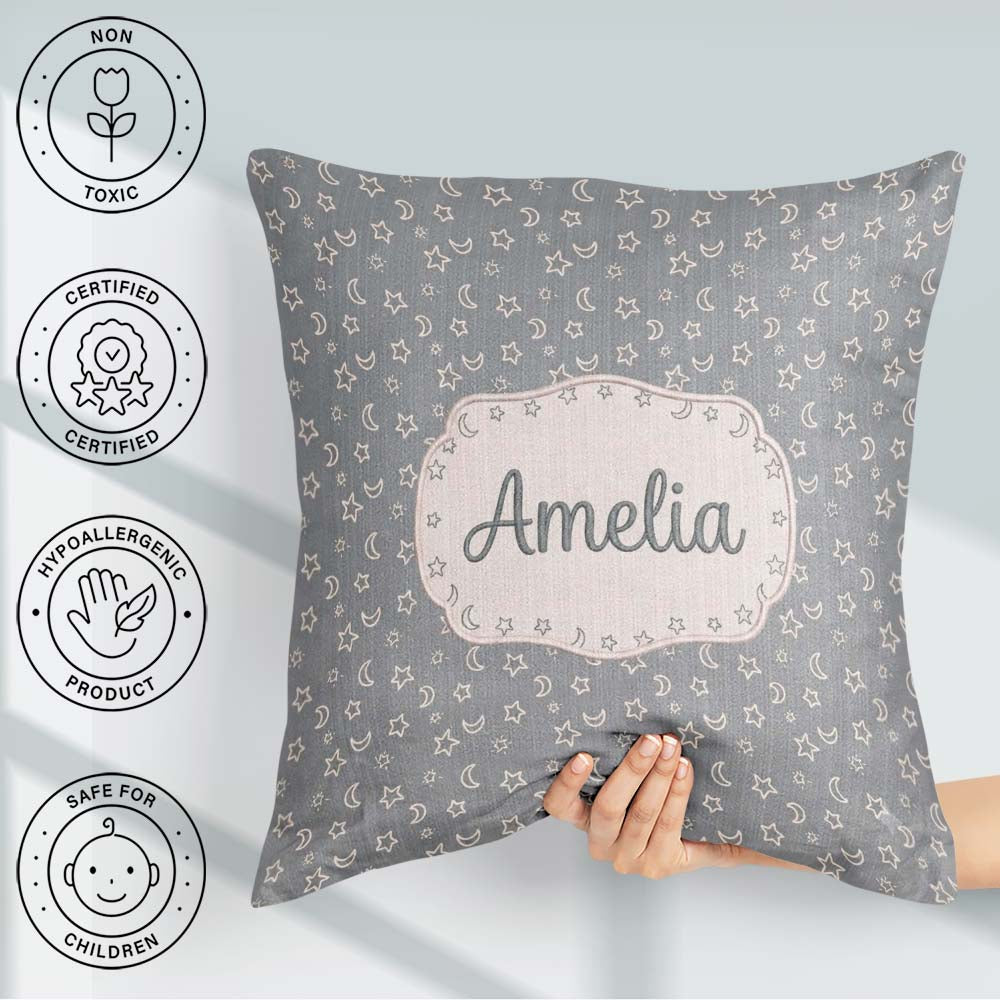 Custom Name Soft Grey Stars And Crescent Moon Seamless Name Cute Square Filled Cushion Throw Pillow Sofa Bed Home Decor Zip Washable UK Made