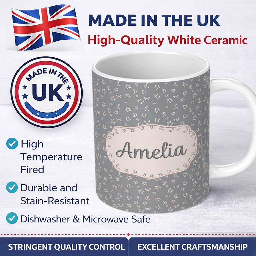 Personalized Custom Name Soft Grey Stars And Crescent Moon Seamless Pattern Name Cute Unique 11oz Ceramic Coffee Tea Mug White Large Handle