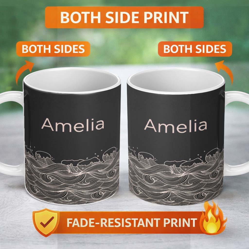 Personalized Custom Name Dark Background Ocean Wave Line Art Seamless Pattern Name Cute 11oz Ceramic Coffee Tea Mug White Large Handle