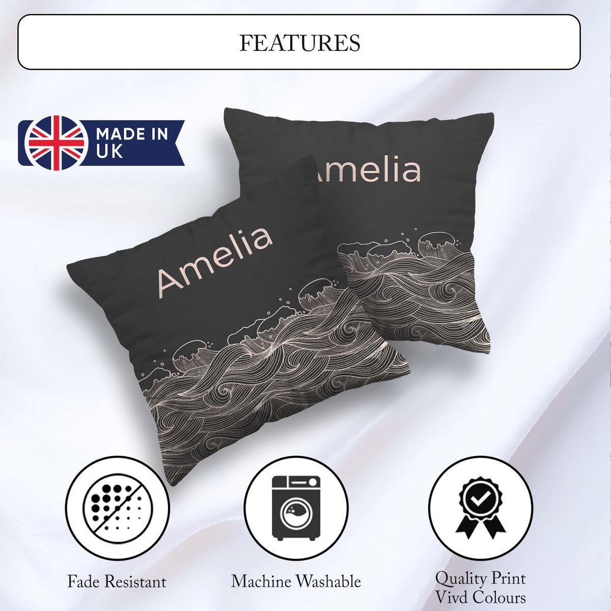Custom Name Dark Ocean Wave Line Art Seamless Pattern Name Cute Square Filled Cushion Throw Pillow Sofa Bed Home Decor Zip Washable UK Made