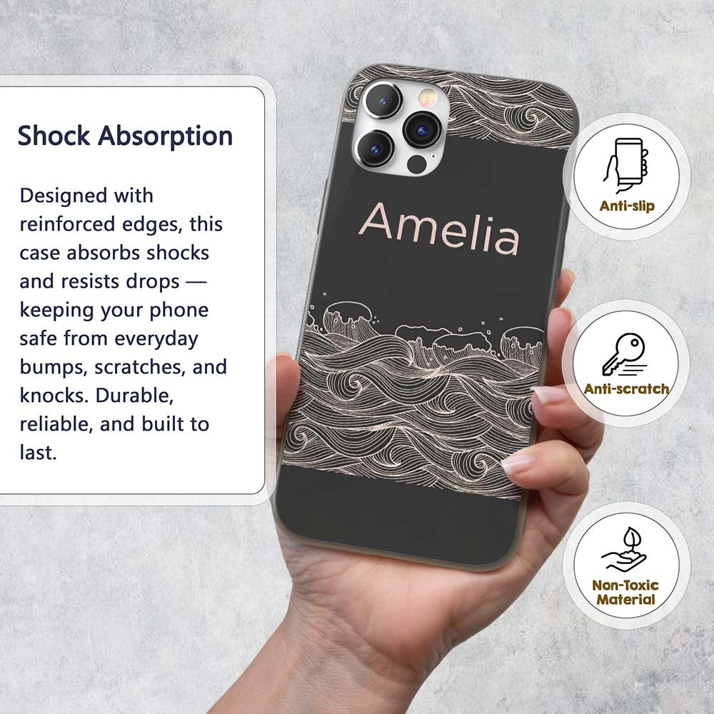 Dark Background Ocean Wave Line Art Seamless Custom Name Protective Phone Case Mobile Cover Durable Everyday Smartphone Shock Resistant