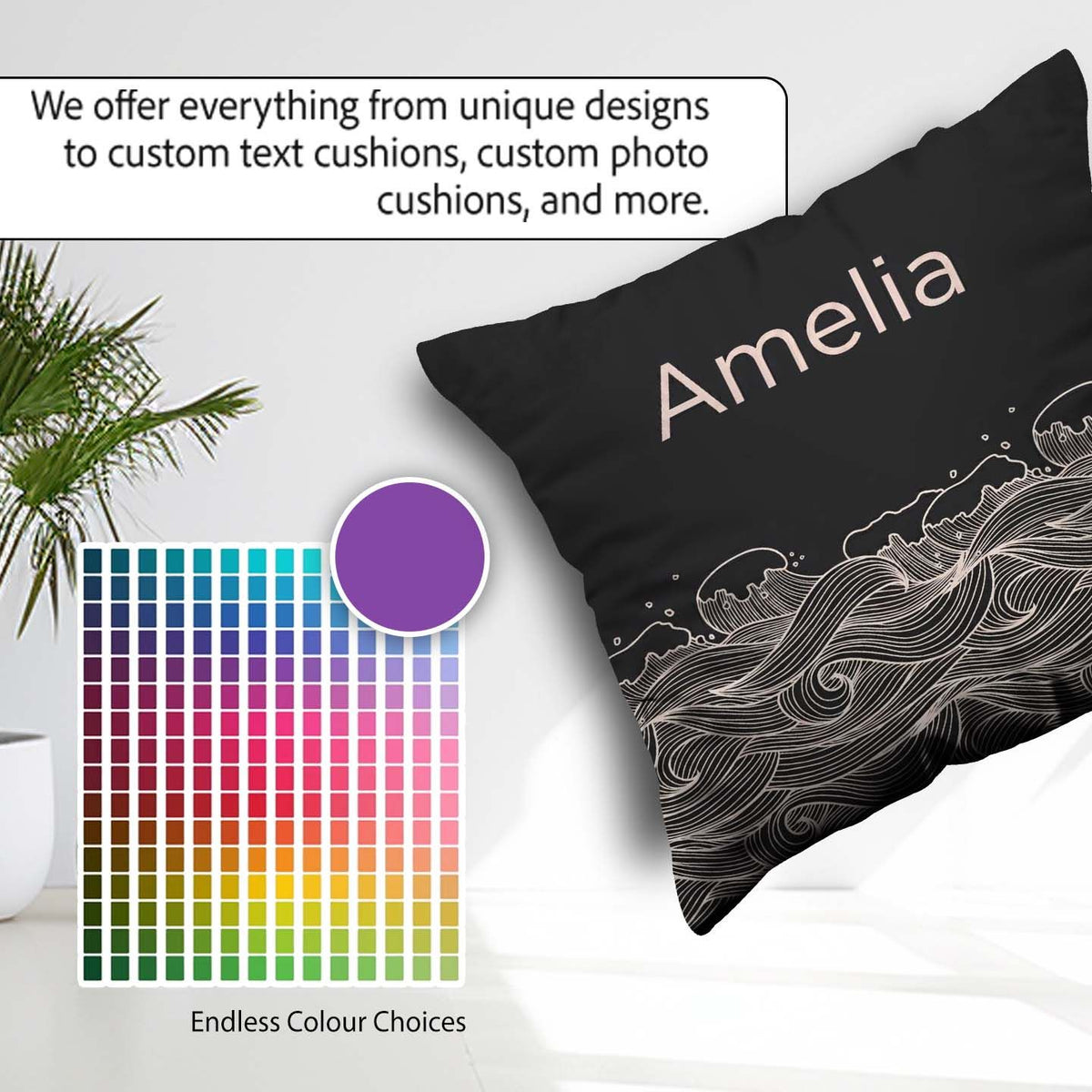 Custom Name Dark Ocean Wave Line Art Seamless Pattern Name Cute Square Filled Cushion Throw Pillow Sofa Bed Home Decor Zip Washable UK Made