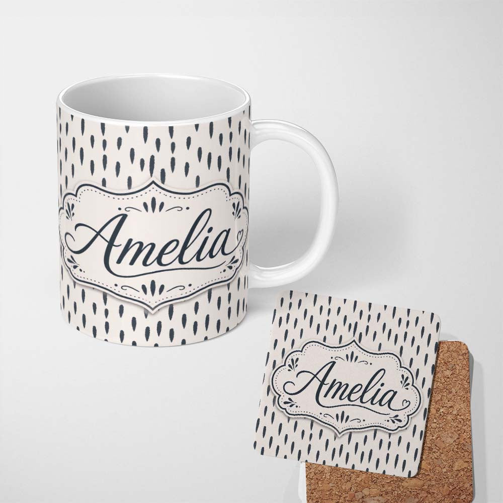 Personalized Custom Name Neutral Abstract Brush Stroke Pattern Seamless Name Cute Unique Gift 11oz Ceramic Coffee Tea Mug White Large Handle