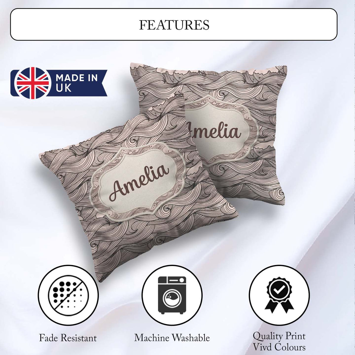 Custom Name Beige Ocean Wave Line Art Seamless Pattern Name Cute Square Filled Cushion Throw Pillow Sofa Bed Home Decor Zip Washable UK Made