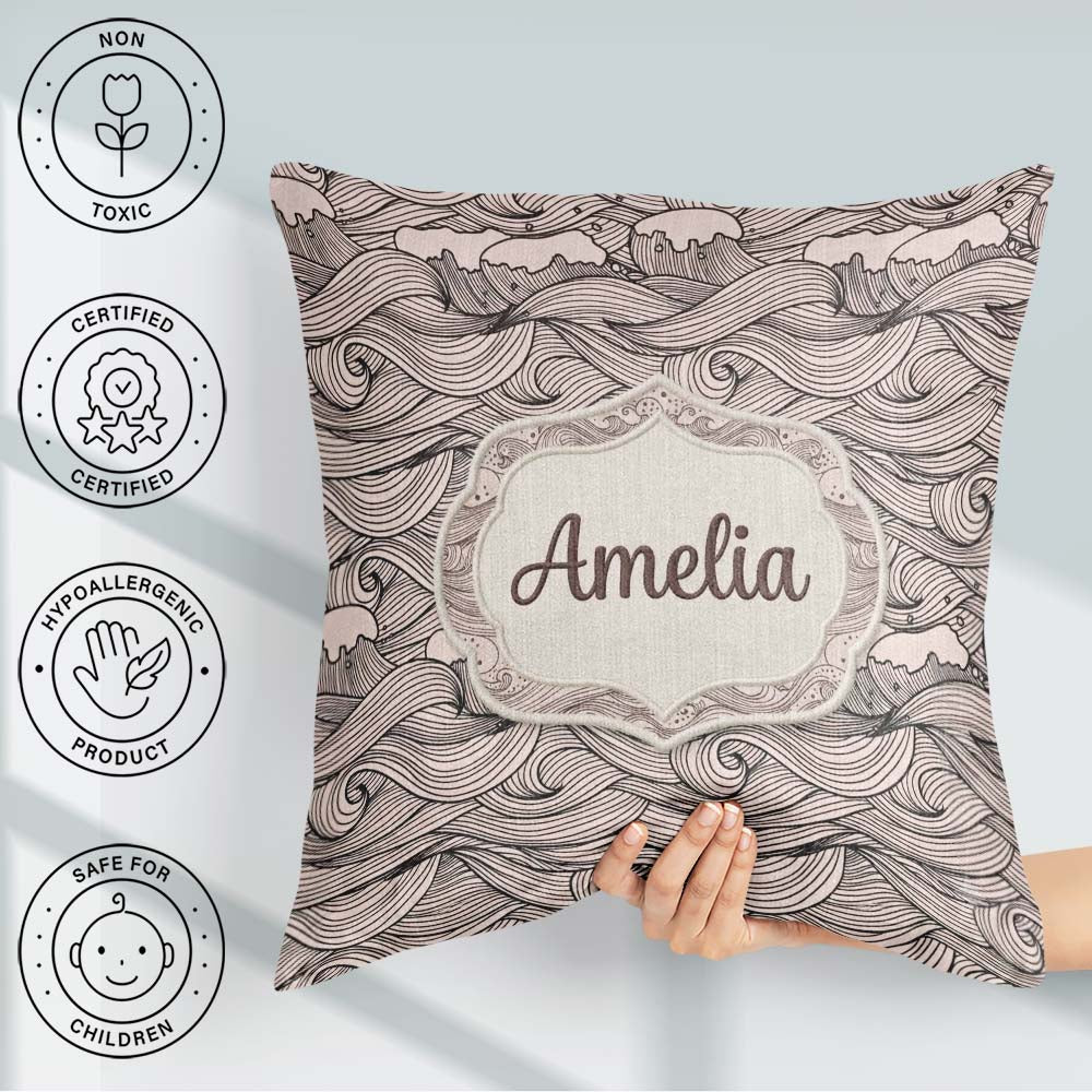 Custom Name Beige Ocean Wave Line Art Seamless Pattern Name Cute Square Filled Cushion Throw Pillow Sofa Bed Home Decor Zip Washable UK Made