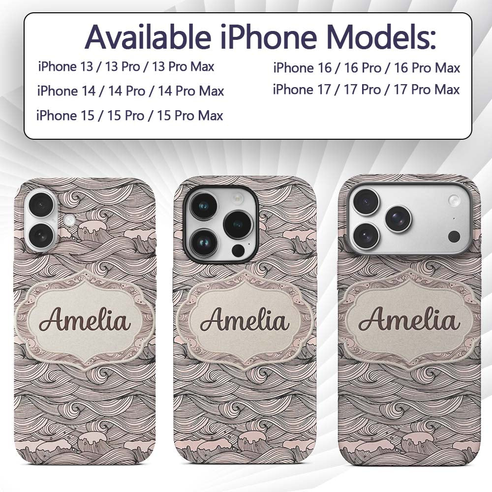 Beige Ocean Wave Line Art Seamless Pattern Name Custom Name Protective Phone Case Mobile Cover Durable Everyday Smartphone Shock Resistant