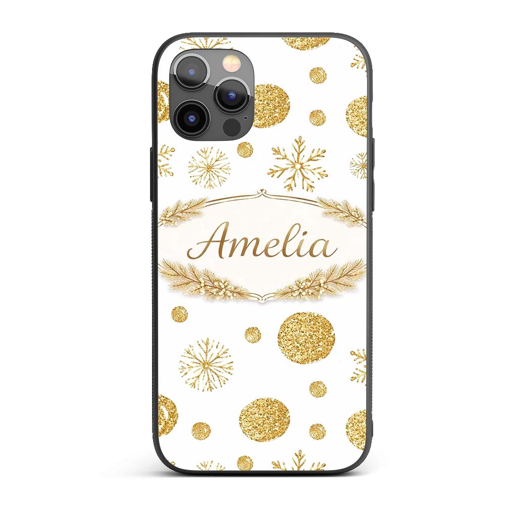 Gold Snowflakes and Glitter Dots Seamless Pattern Custom Name Protective Phone Case Mobile Cover Durable Everyday Smartphone Shock Resistant