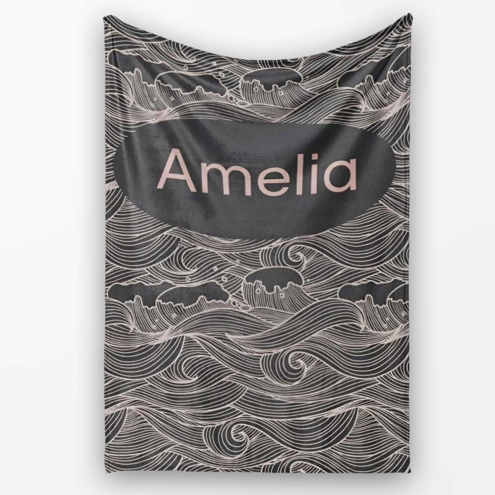 Dark Ocean Waves Line Art Seamless Pattern Name Cute Unique Gift Personalised Custom Name Super Soft Fleece Blanket Bed Sofa Throw