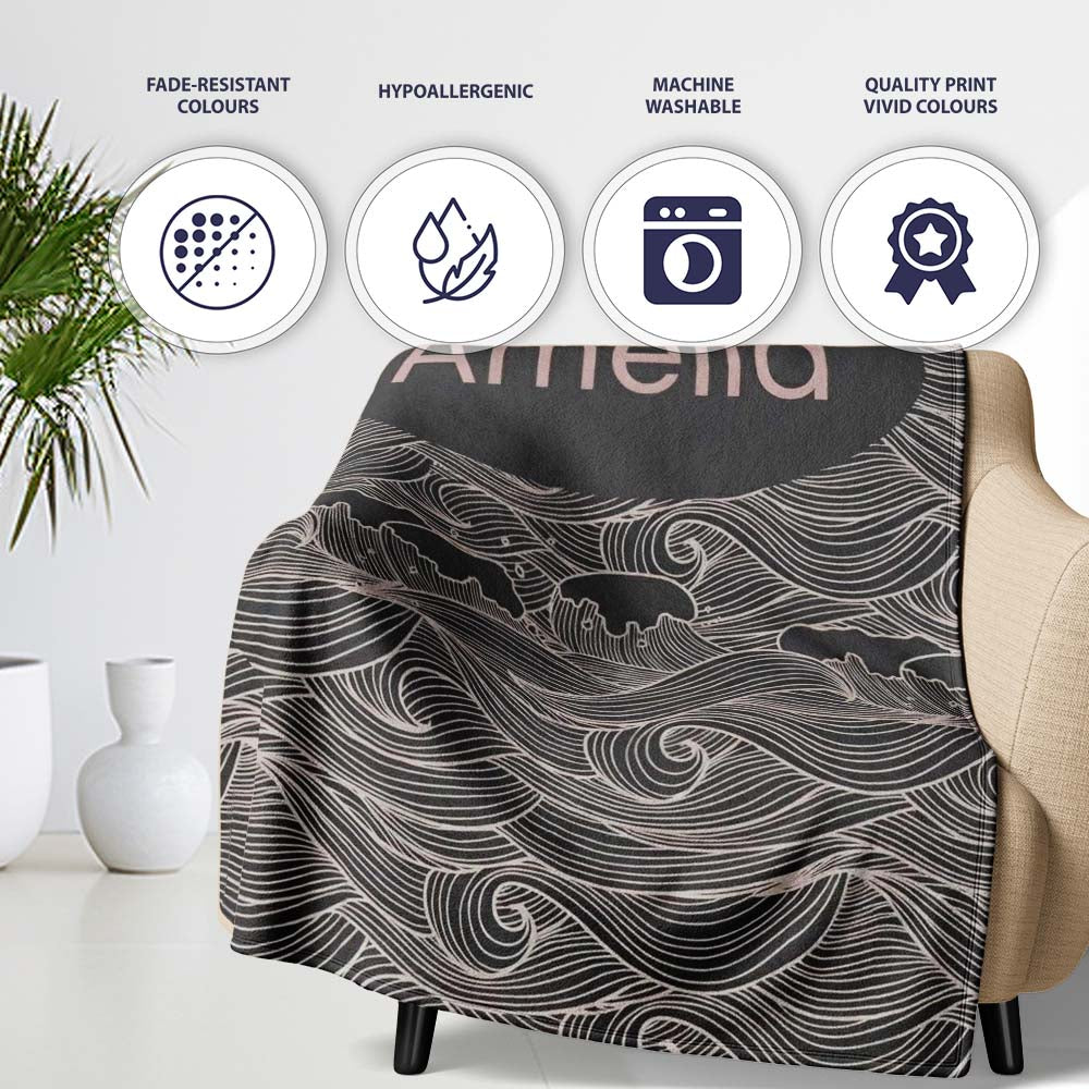 Dark Ocean Waves Line Art Seamless Pattern Name Cute Unique Gift Personalised Custom Name Super Soft Fleece Blanket Bed Sofa Throw