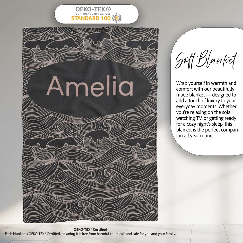 Dark Ocean Waves Line Art Seamless Pattern Name Cute Unique Gift Personalised Custom Name Super Soft Fleece Blanket Bed Sofa Throw