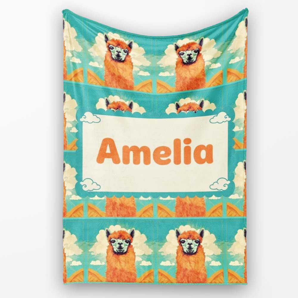 Cute Alpaca Portrait With Blue Sky And Clouds Seamless Pattern Personalised Custom Name Super Soft Fleece Blanket Bed Sofa Throw