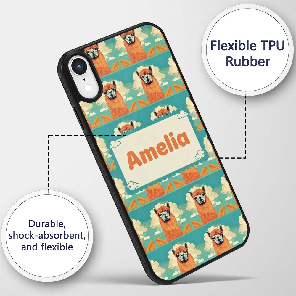 Cute Alpaca Portrait With Blue Sky And Clouds Custom Name Protective Phone Case Mobile Cover Durable Everyday Smartphone Shock Resistant
