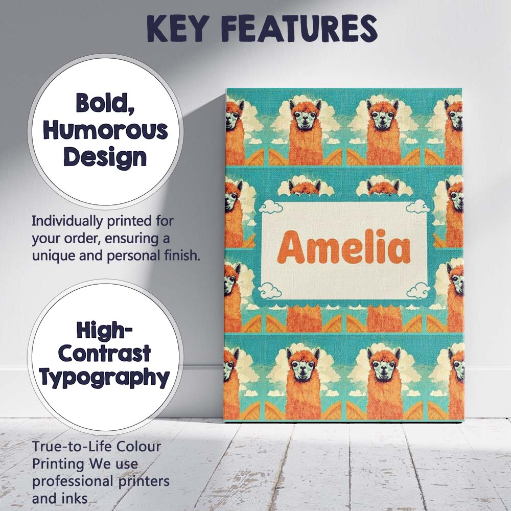 Personalised Name Cute Alpaca Portrait With Custom Bespoke Interior Contemporary Canvas Wall Art Print Decor Picture Ready to Hang