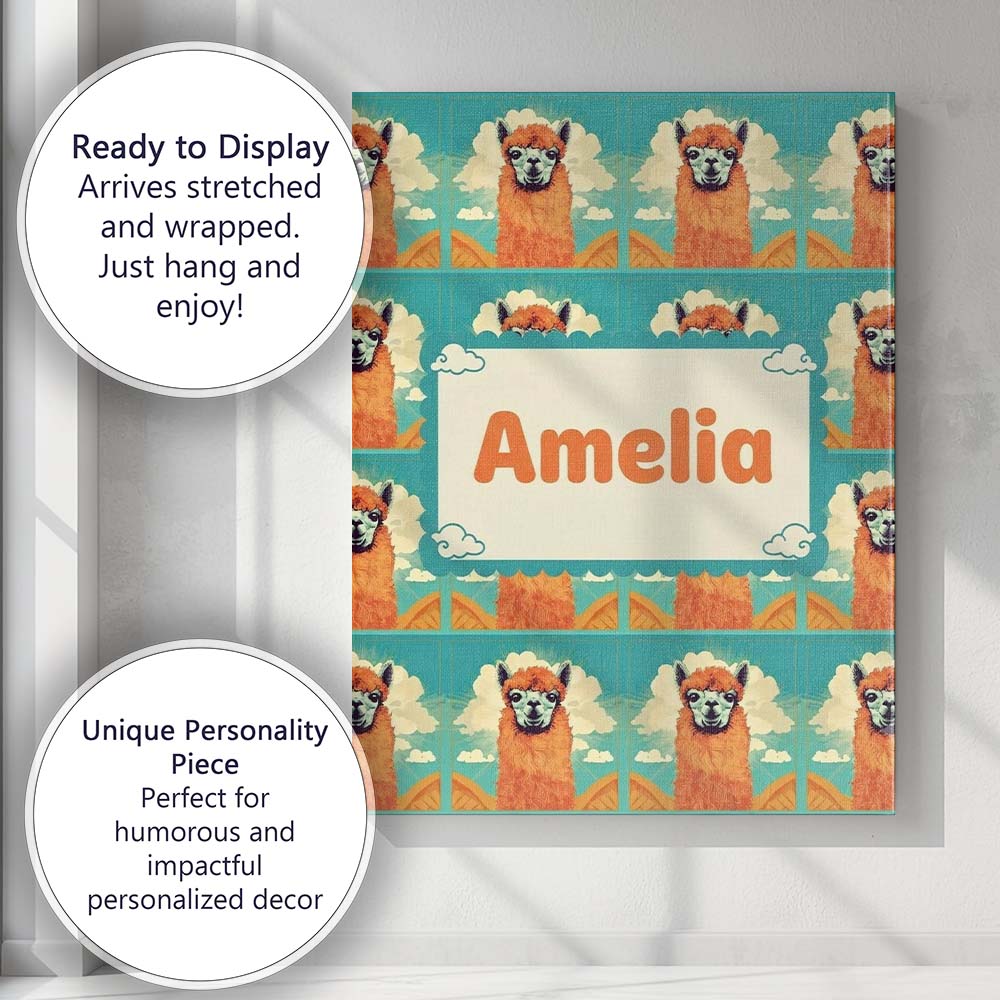 Personalised Name Cute Alpaca Portrait With Custom Bespoke Interior Contemporary Canvas Wall Art Print Decor Picture Ready to Hang