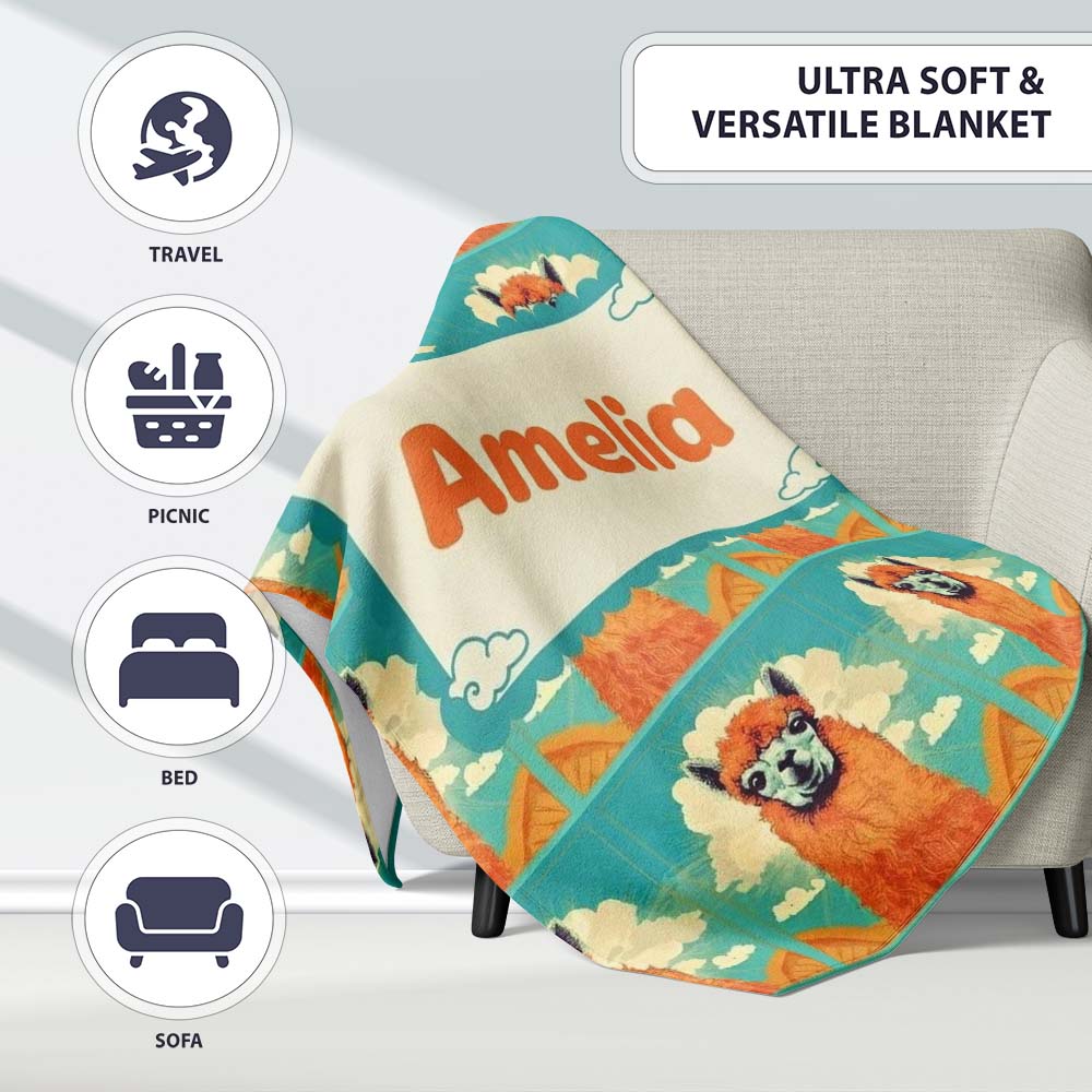 Cute Alpaca Portrait With Blue Sky And Clouds Seamless Pattern Personalised Custom Name Super Soft Fleece Blanket Bed Sofa Throw