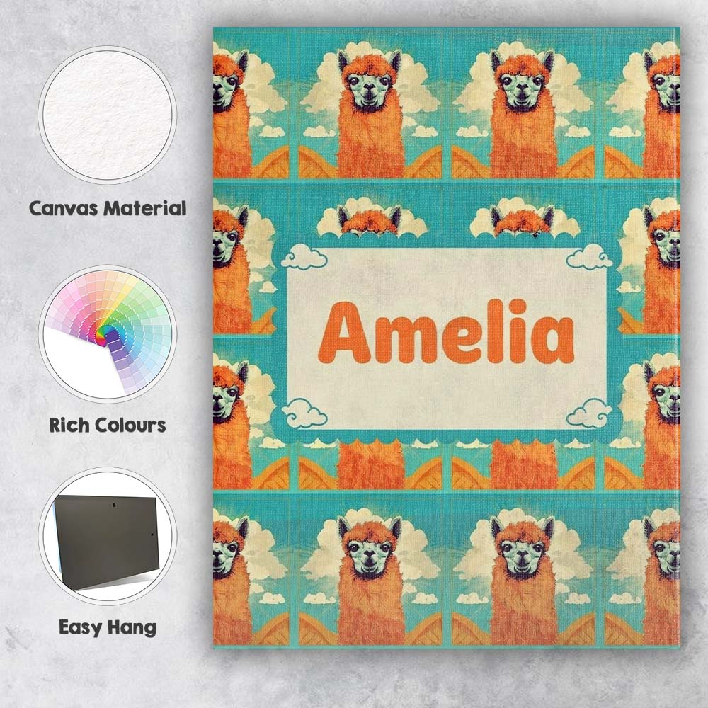 Personalised Name Cute Alpaca Portrait With Custom Bespoke Interior Contemporary Canvas Wall Art Print Decor Picture Ready to Hang