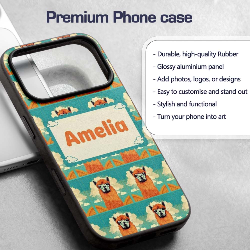 Cute Alpaca Portrait With Blue Sky And Clouds Custom Name Protective Phone Case Mobile Cover Durable Everyday Smartphone Shock Resistant