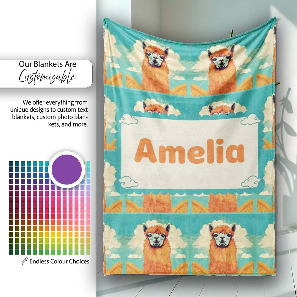 Cute Alpaca Portrait With Blue Sky And Clouds Seamless Pattern Personalised Custom Name Super Soft Fleece Blanket Bed Sofa Throw