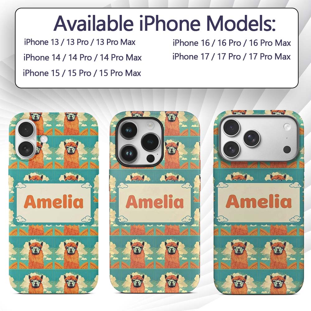 Cute Alpaca Portrait With Blue Sky And Clouds Custom Name Protective Phone Case Mobile Cover Durable Everyday Smartphone Shock Resistant