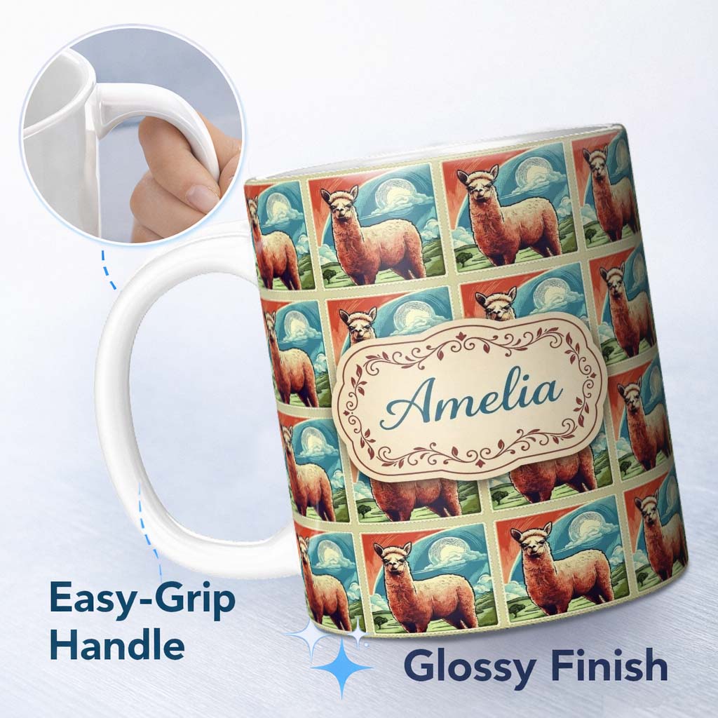 Personalized Custom Name Vintage Alpaca Landscape Illustration Seamless Pattern Name Cute 11oz Ceramic Coffee Tea Mug White Large Handle
