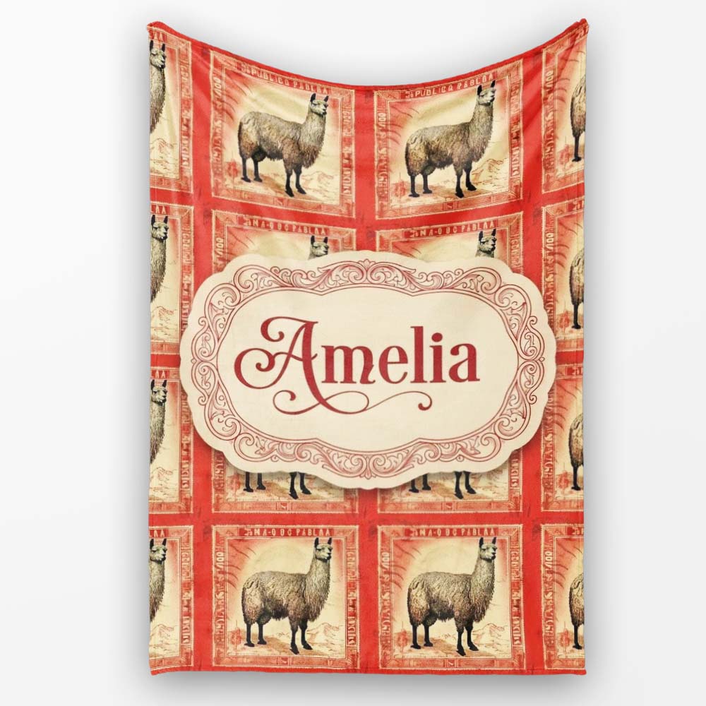 Vintage Stamp Style Alpaca Illustration Seamless Pattern Name Cute Personalised Custom Name Super Soft Fleece Blanket Bed Sofa Throw