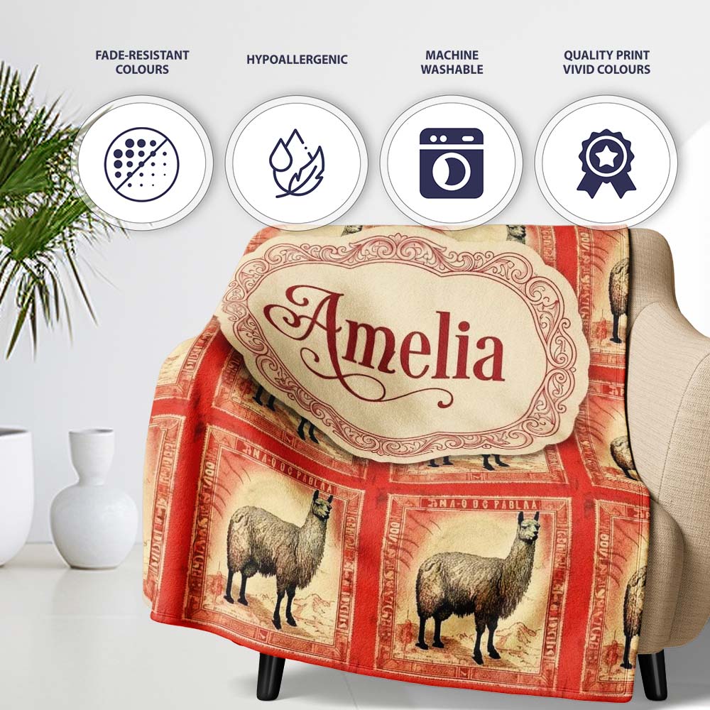 Vintage Stamp Style Alpaca Illustration Seamless Pattern Name Cute Personalised Custom Name Super Soft Fleece Blanket Bed Sofa Throw