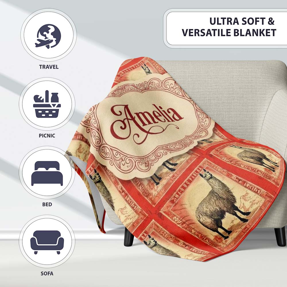 Vintage Stamp Style Alpaca Illustration Seamless Pattern Name Cute Personalised Custom Name Super Soft Fleece Blanket Bed Sofa Throw