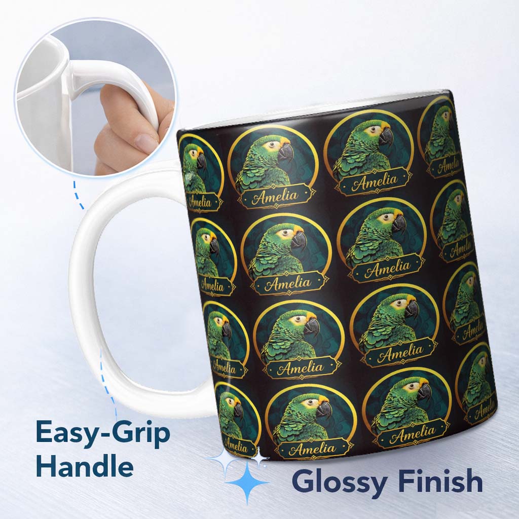 Personalized Custom Name Exotic Green Parrot Circular Frame Seamless Pattern Name Cute 11oz Ceramic Coffee Tea Mug White Large Handle