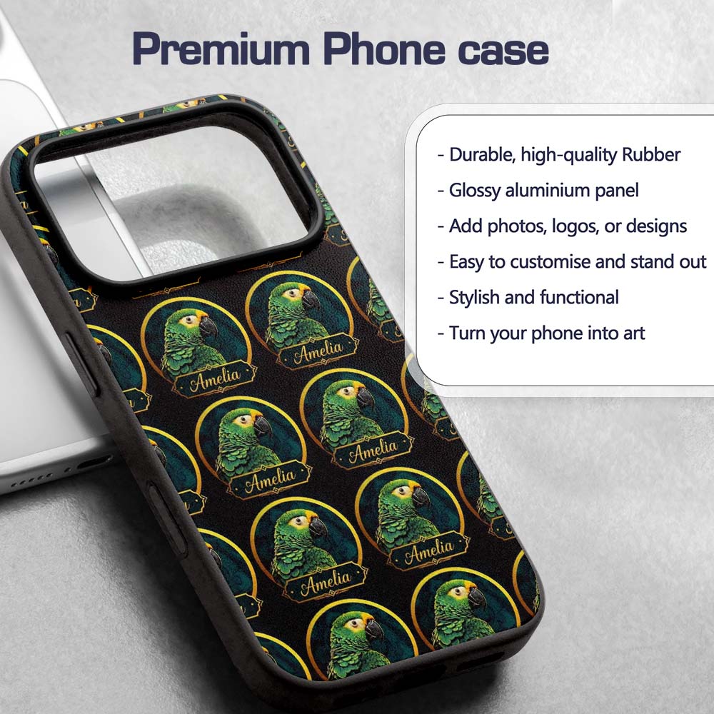 Exotic Green Parrot Circular Frame Printed Design Custom Name Protective Phone Case Mobile Cover Durable Everyday Smartphone Shock Resistant