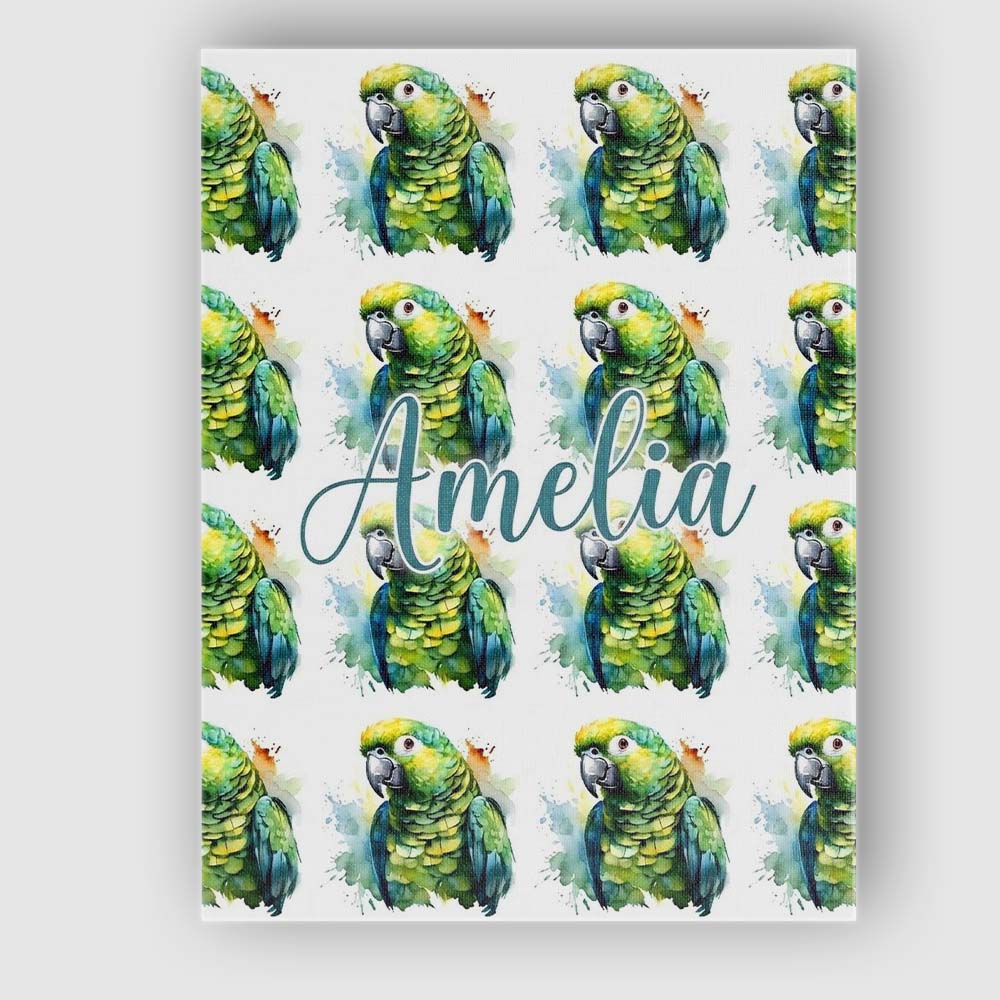 Personalised Name Watercolor Green Parrot Custom Unique Gift Idea Elegant Feature Canvas Wall Art Print Decor Picture Ready to Hang