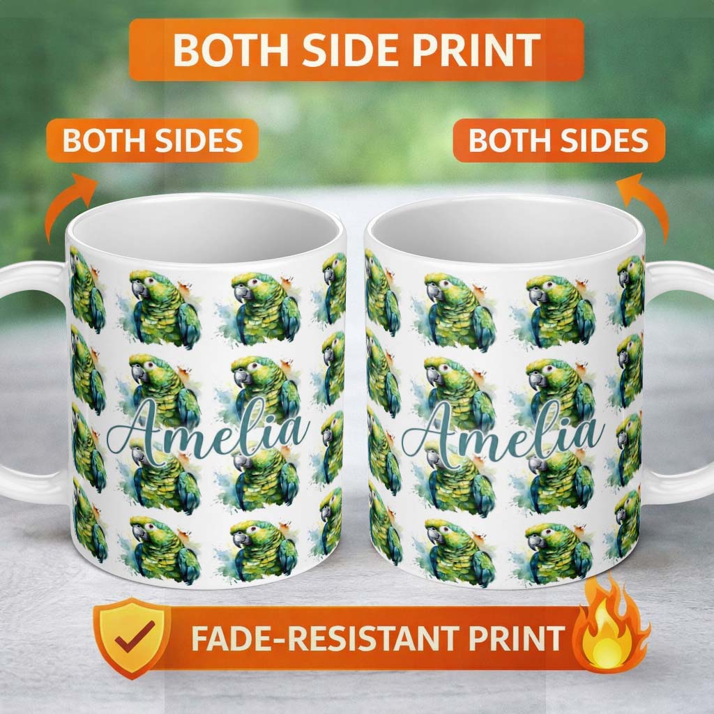 Personalized Custom Name Watercolor Green Parrot Splash Art Seamless Pattern Name Cute 11oz Ceramic Coffee Tea Mug White Large Handle