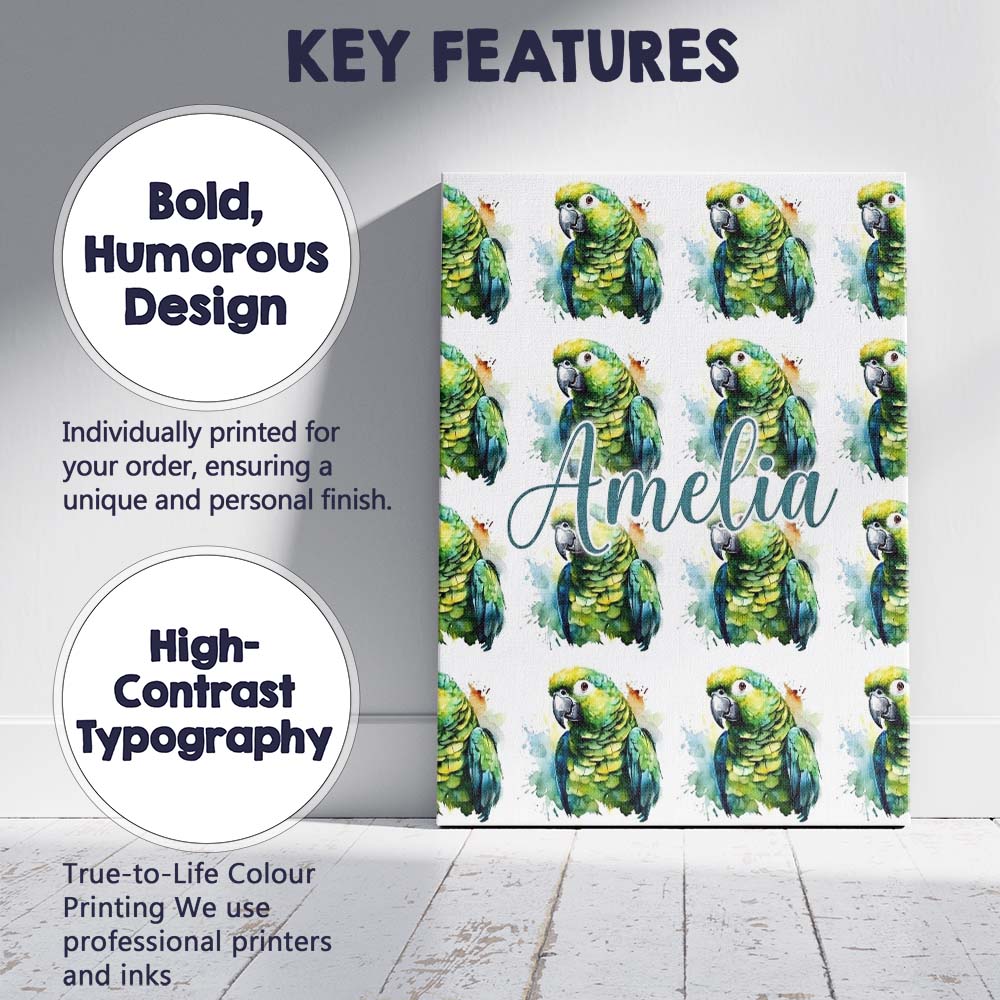 Personalised Name Watercolor Green Parrot Custom Unique Gift Idea Elegant Feature Canvas Wall Art Print Decor Picture Ready to Hang