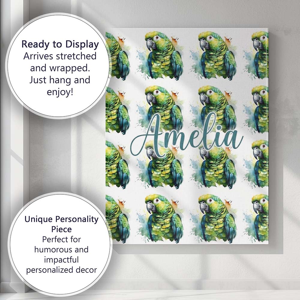 Personalised Name Watercolor Green Parrot Custom Unique Gift Idea Elegant Feature Canvas Wall Art Print Decor Picture Ready to Hang