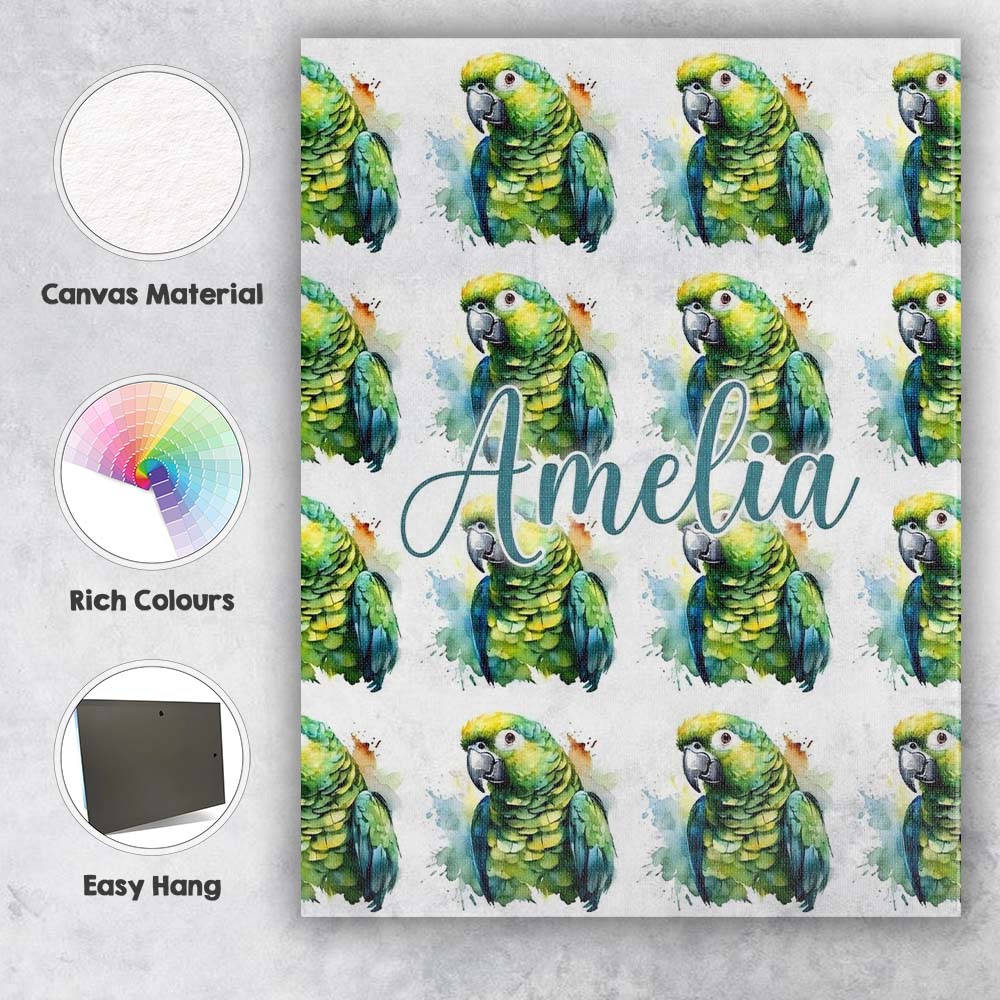 Personalised Name Watercolor Green Parrot Custom Unique Gift Idea Elegant Feature Canvas Wall Art Print Decor Picture Ready to Hang