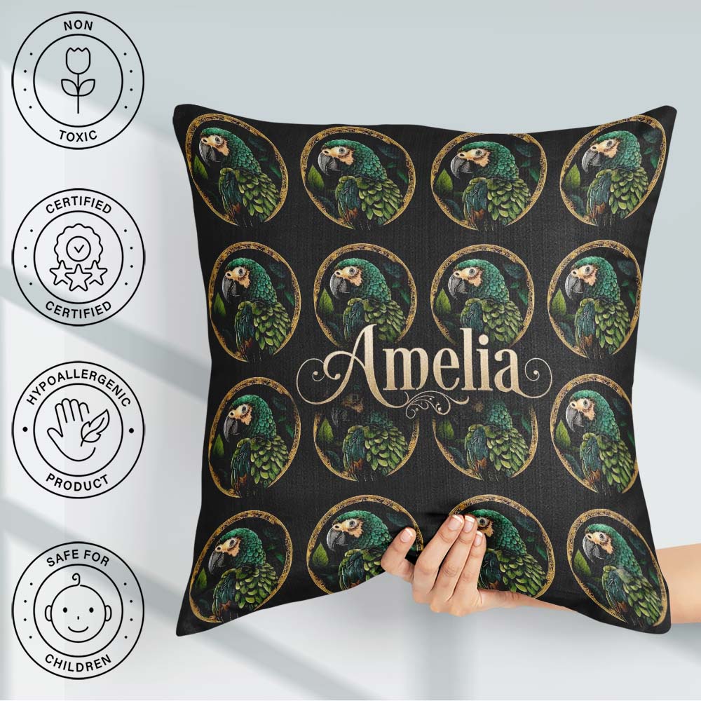 Custom Name Elegant Parrot Medallion Background Seamless Pattern Square Filled Cushion Throw Pillow Sofa Bed Home Decor Zip Washable UK Made