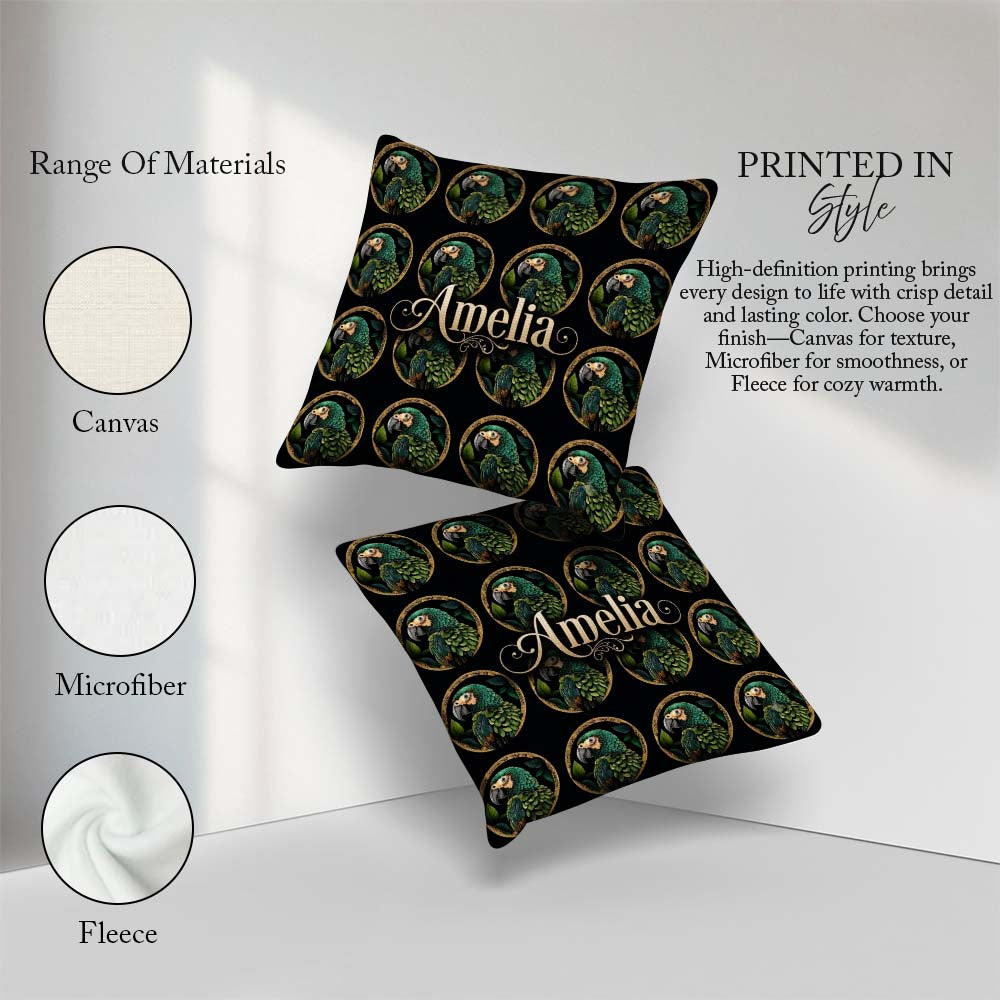Custom Name Elegant Parrot Medallion Background Seamless Pattern Square Filled Cushion Throw Pillow Sofa Bed Home Decor Zip Washable UK Made