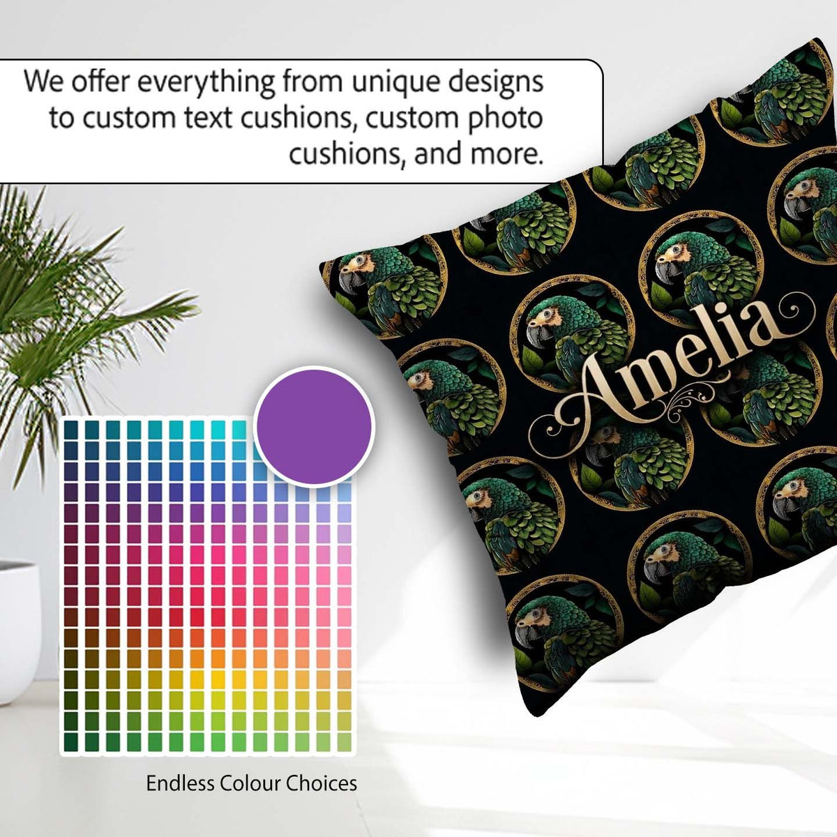 Custom Name Elegant Parrot Medallion Background Seamless Pattern Square Filled Cushion Throw Pillow Sofa Bed Home Decor Zip Washable UK Made