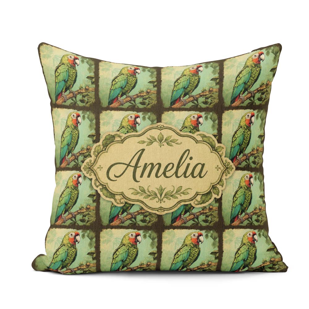 Custom Name Tropical Parrot On Branch Jungle Scene Seamless Name Square Filled Cushion Throw Pillow Sofa Bed Home Decor Zip Washable UK Made