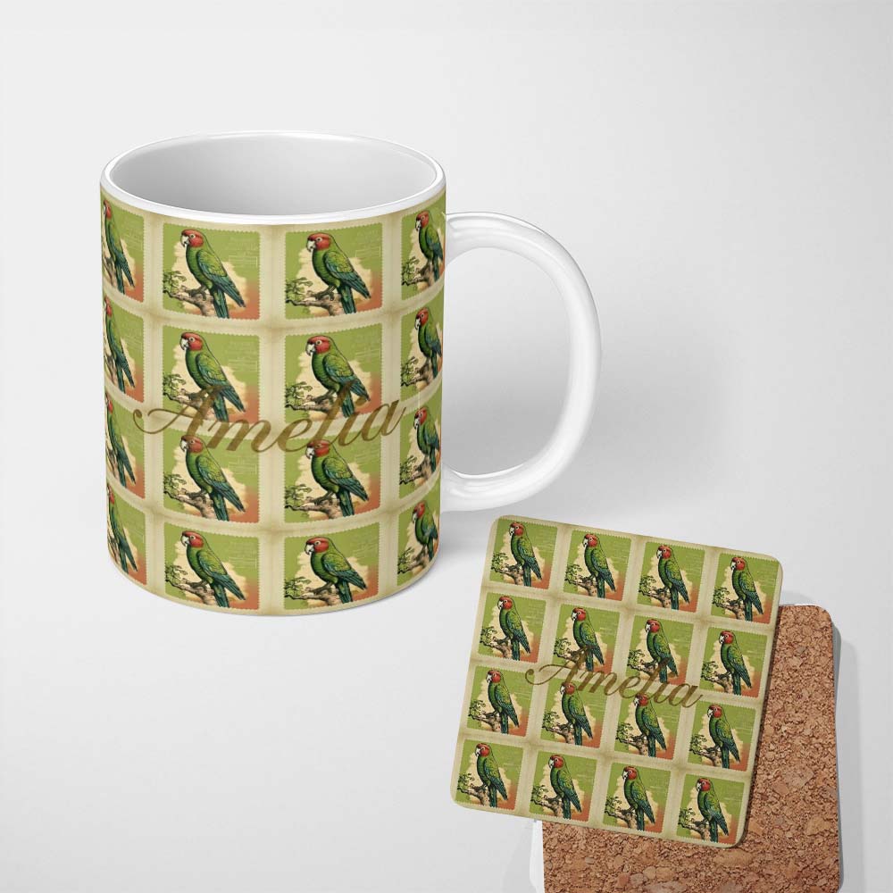 Personalized Custom Name Vintage Parrot Postage Stamp Style Illustration Seamless Pattern 11oz Ceramic Coffee Tea Mug White Large Handle