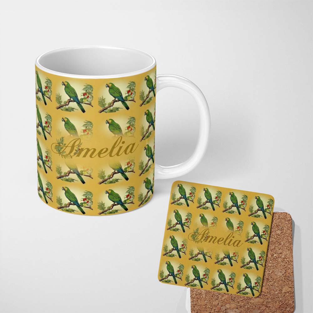 Personalized Custom Name Tropical Green Parrot Branch Botanical Frame Seamless Pattern Name 11oz Ceramic Coffee Tea Mug White Large Handle