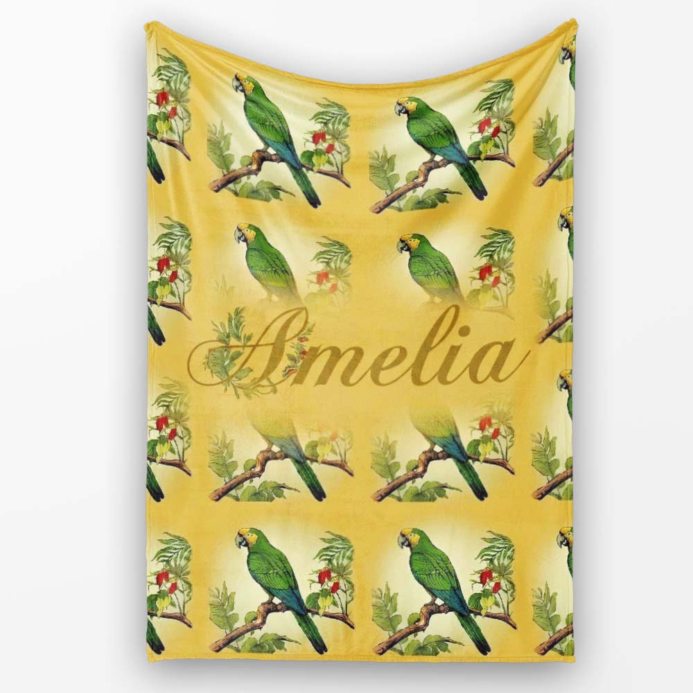 Tropical Green Parrot Branch Botanical Frame Seamless Pattern Name Personalised Custom Name Super Soft Fleece Blanket Bed Sofa Throw