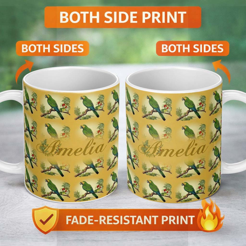 Personalized Custom Name Tropical Green Parrot Branch Botanical Frame Seamless Pattern Name 11oz Ceramic Coffee Tea Mug White Large Handle