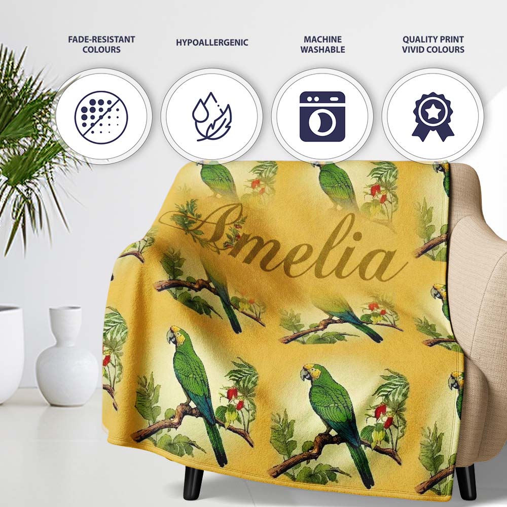 Tropical Green Parrot Branch Botanical Frame Seamless Pattern Name Personalised Custom Name Super Soft Fleece Blanket Bed Sofa Throw