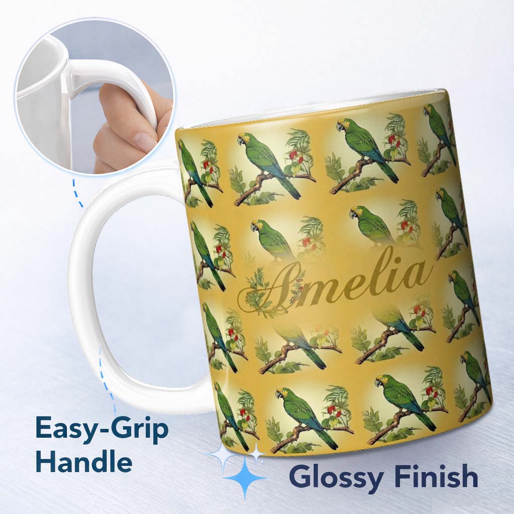 Personalized Custom Name Tropical Green Parrot Branch Botanical Frame Seamless Pattern Name 11oz Ceramic Coffee Tea Mug White Large Handle